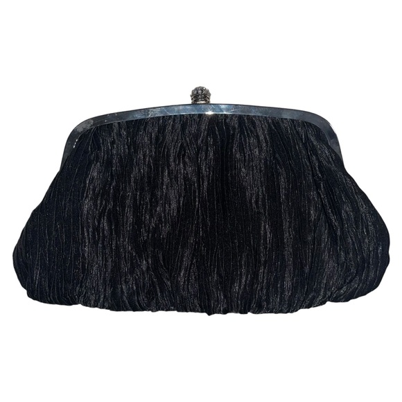 NEIMAN MARCUS Vintage Ruched Silk Black Clutch Bag Silver Frame with Crystals - Picture 11 of 15